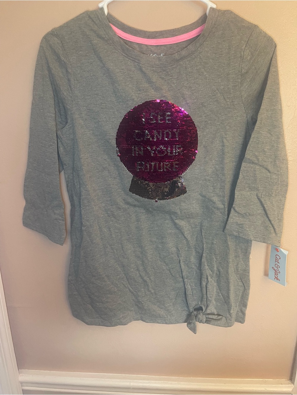 Girls Cat & Jack Gray Sequin Crystal Ball Long Sleeve Tie Front Top XL NWT